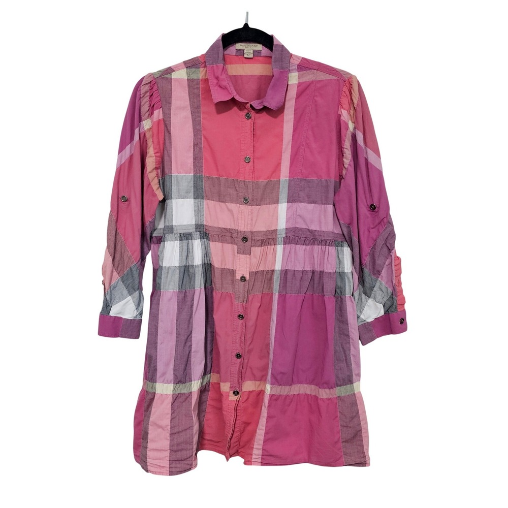 Burberry Brit Pink Plaid Mini Shirt Dress Medium Roll Tab Sleeve Preppy Luxury